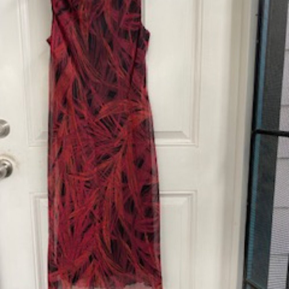 Megan Matthews Midi Dress Red Black Design Cowl Neck Sleeveless Flowy Dress 10